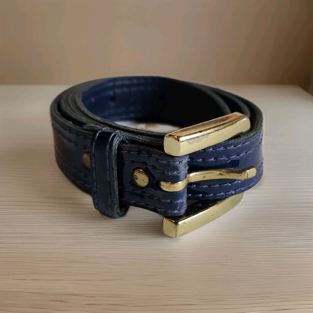 Vintage Junior House Womens Size 11 Navy Blue Patent Leather Belt Gold Buckle